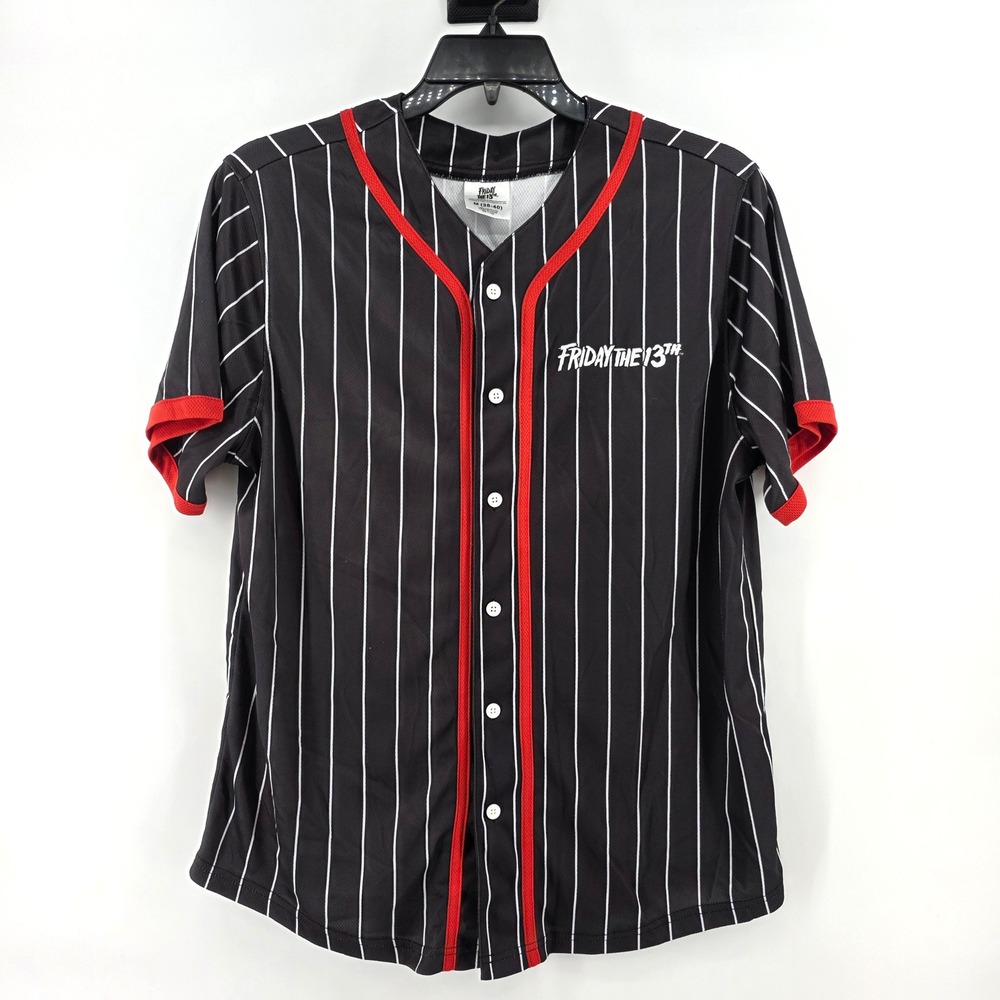 Friday the 13th Mens Baseball Jersey Black Pinstripe Horror Movie Mesh Medium